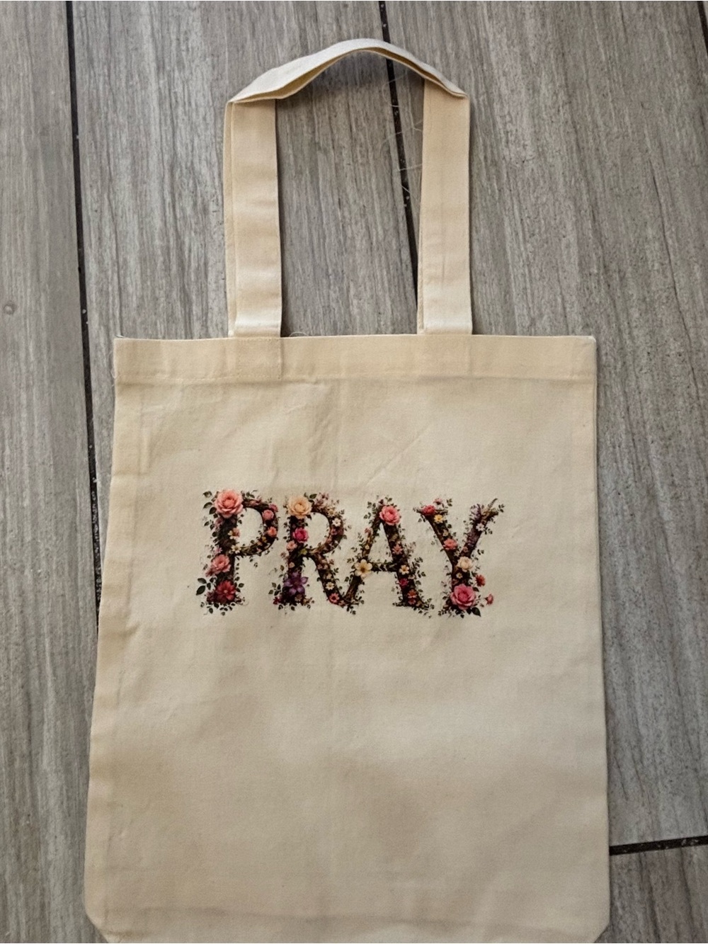 Canvas Tote Bag with Floral 'PRAY' Print - Cream